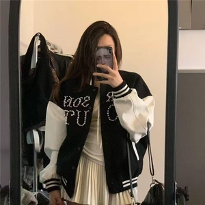 美式复古棒球服外套男女春秋季珍珠钉珠宽松重磅潮牌夹克情侣图片