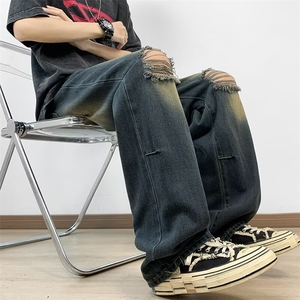 破洞牛仔裤男夏季薄款做旧水洗宽松直筒长裤子 N6127图片