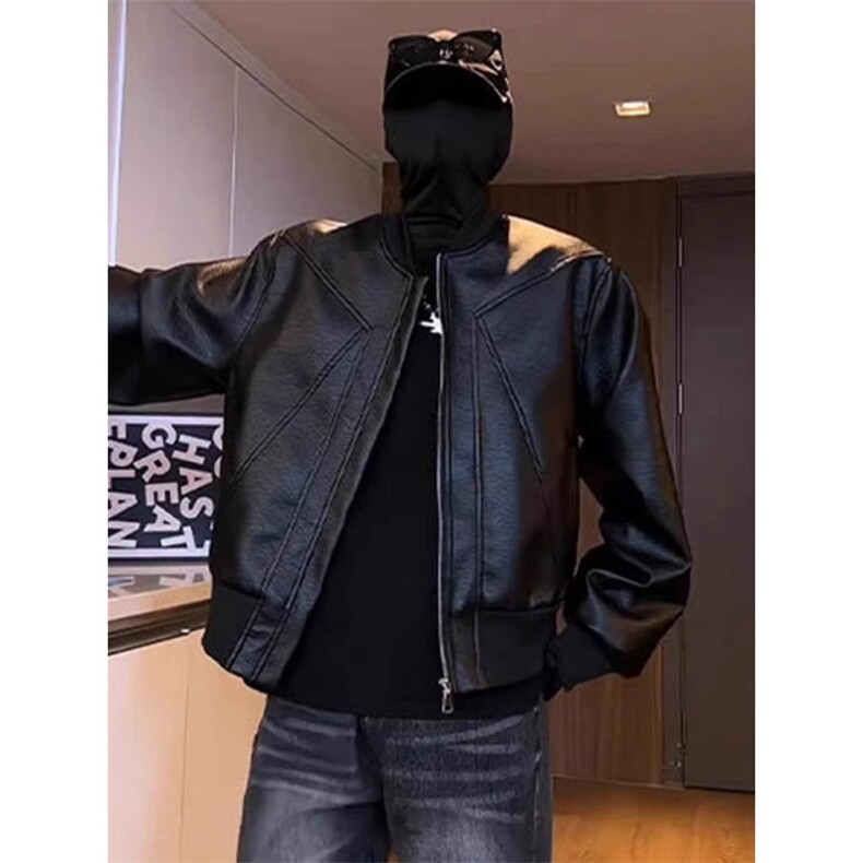 美式复古短款立领机车pu皮外套男款秋季美拉德高级感痞帅工装夹克,男装夹克,四季星座505