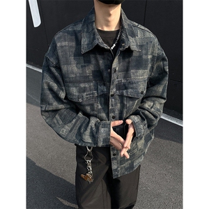 2025秋季满印格子衬衫男款长袖宽松痞帅牛仔外套夹克衫JK1185-P78图片