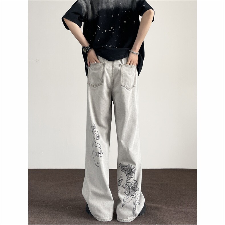 美式复古手绘涂鸦印花微喇叭牛仔裤男女宽松拖地长裤J00533-P50,男装牛仔裤,星座1008-2