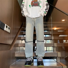 网红同款膝盖拉链破洞牛仔裤水洗高街男休闲裤百搭修身九分裤直筒，男装牛仔裤，四季星座218-1