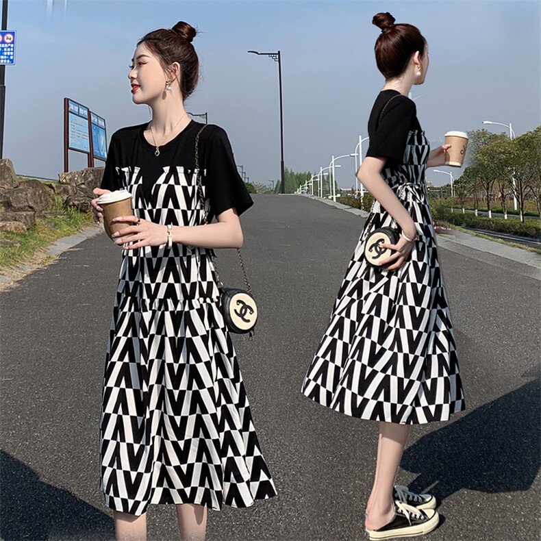 2025年夏季新款遮肚显瘦连衣裙女假两件孕妇宽松大码碎花中长裙子,女装连衣裙,半夏