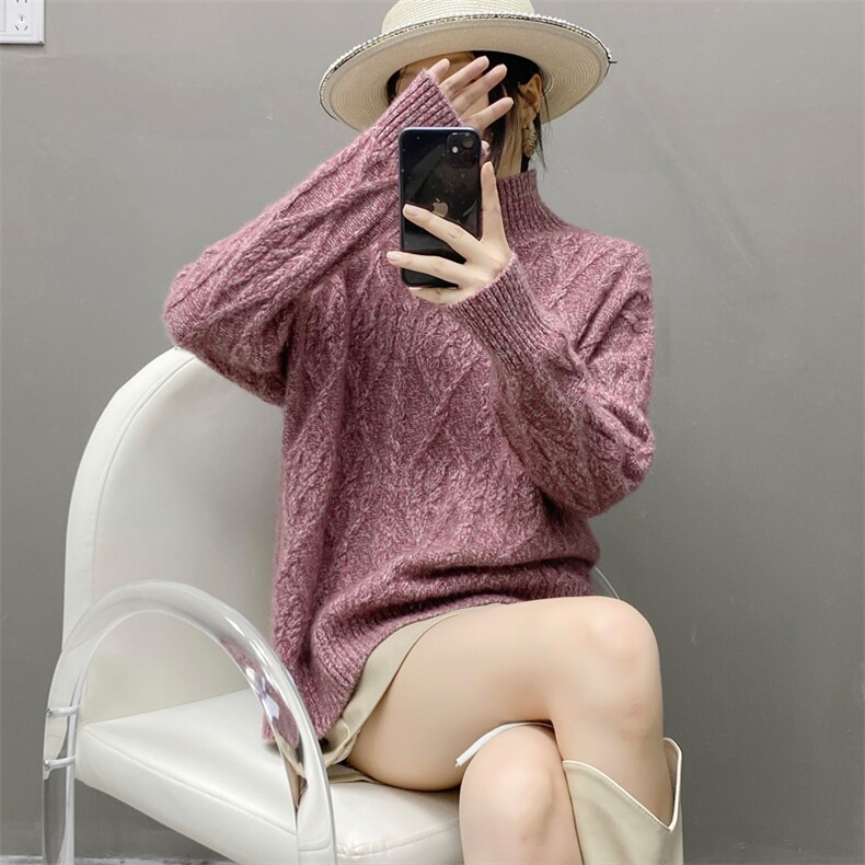欧货秋冬康赛花纱山羊绒衫女加厚毛衣半高领加厚宽松针织打底衫,女装羊绒衫,织绒羊