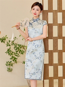 杭州品质真丝长裙复古印花连衣裙女春夏日常修身清新淡雅真丝旗袍图片