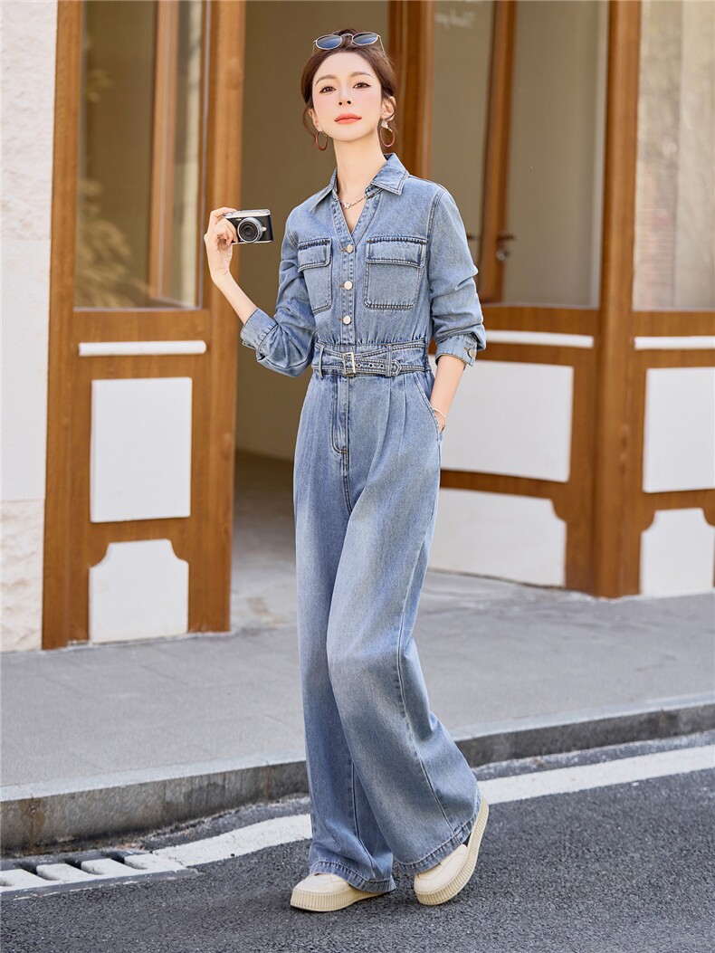 （新款现货）2026春装时尚休闲显瘦工装v领牛仔阔腿腰带连体裤女,女装连体裤,印象茜