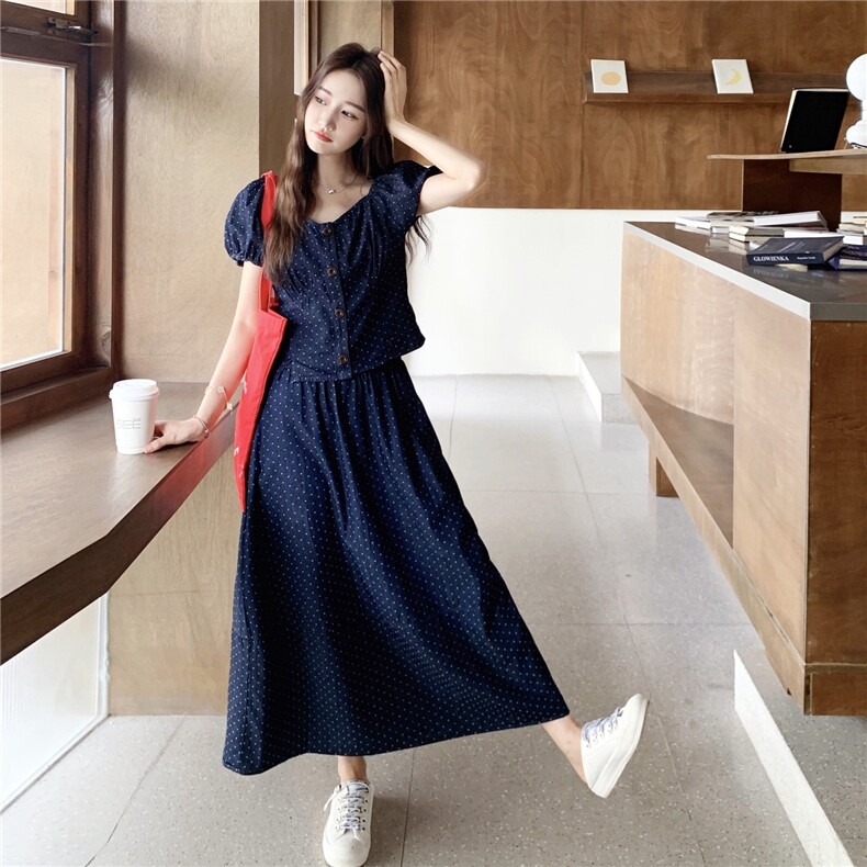 韩系甜美波点牛仔两件套装女2025夏季新款小个子泡泡袖上衣半身裙,女装套装/套裙,2C176