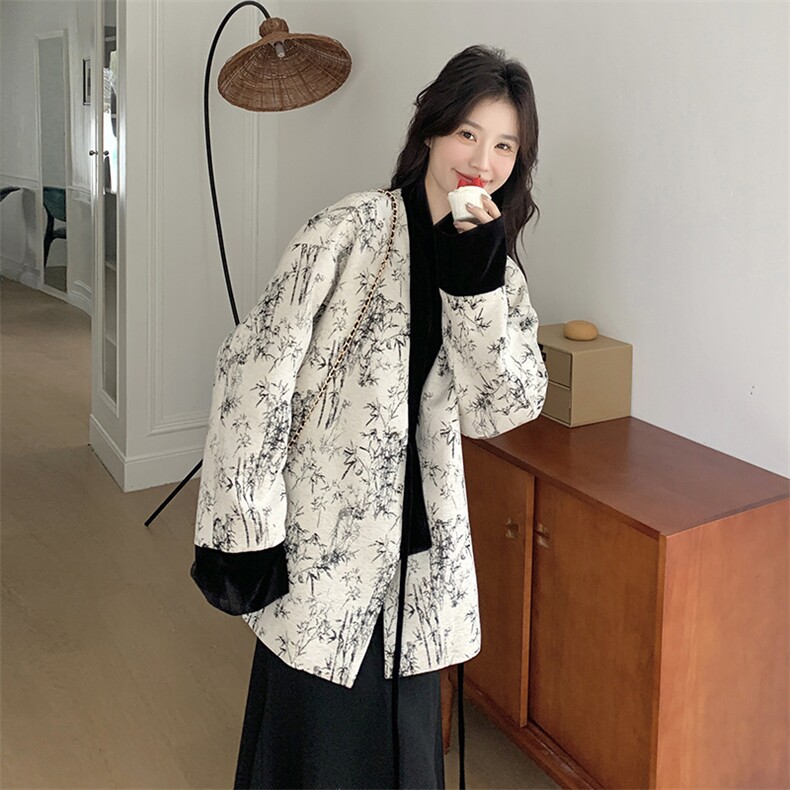 女落肩袖新中式提花直下摆短外套春秋法式长袖小众碎花春秋气质,女装大码女装,浙宝208