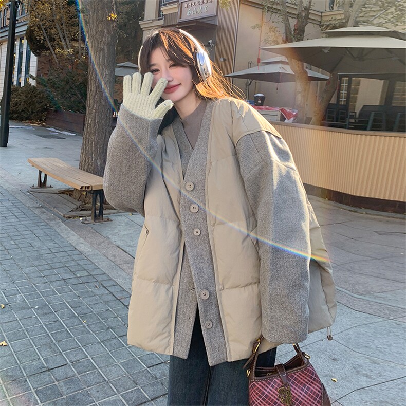 现货：冬装新款时尚设计款毛呢拼色羽绒服2C135-5011P275K418,女装羽绒服,2C135