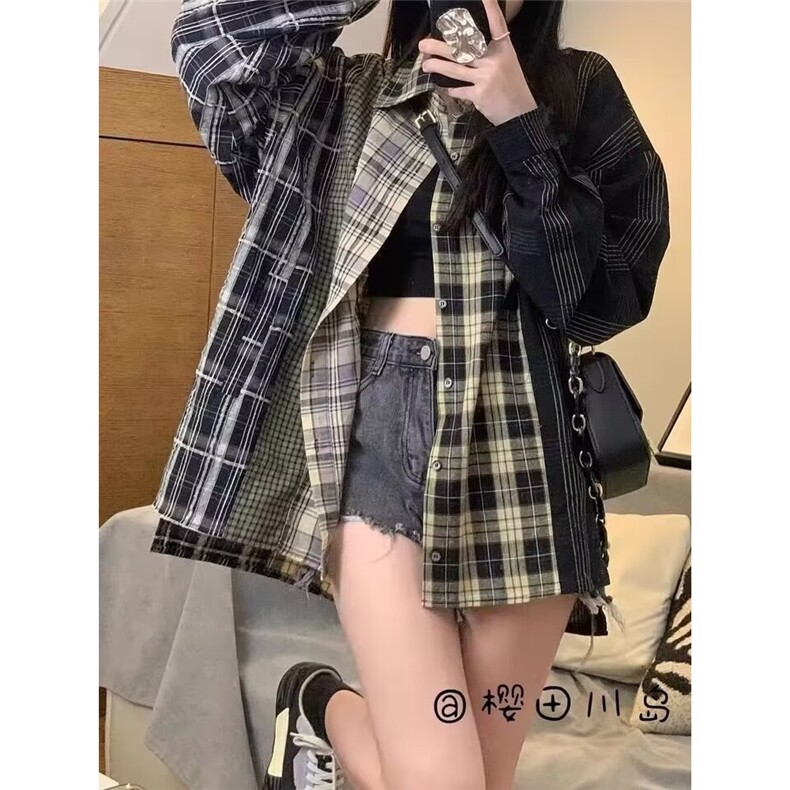 幂式穿搭风polo领格子开衫上衣胖mm大码显瘦外搭慵懒休闲长袖衬衣图片
