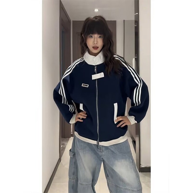 美式拼接运动卫衣女秋季新款潮牌休闲外套高街立领条纹棒球服潮,女装短外套,星座302B-2