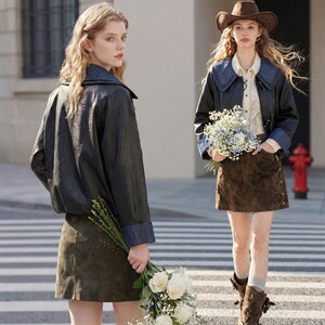 【春季女装新款】大量现货时尚相拼短款皮衣外套，女装皮衣，缘衣格