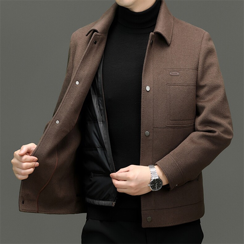 主推高端手工绵羊毛双面呢羽绒大衣男中年脱卸羽绒内胆双面呢夹克，男装毛呢大衣，钱塘723