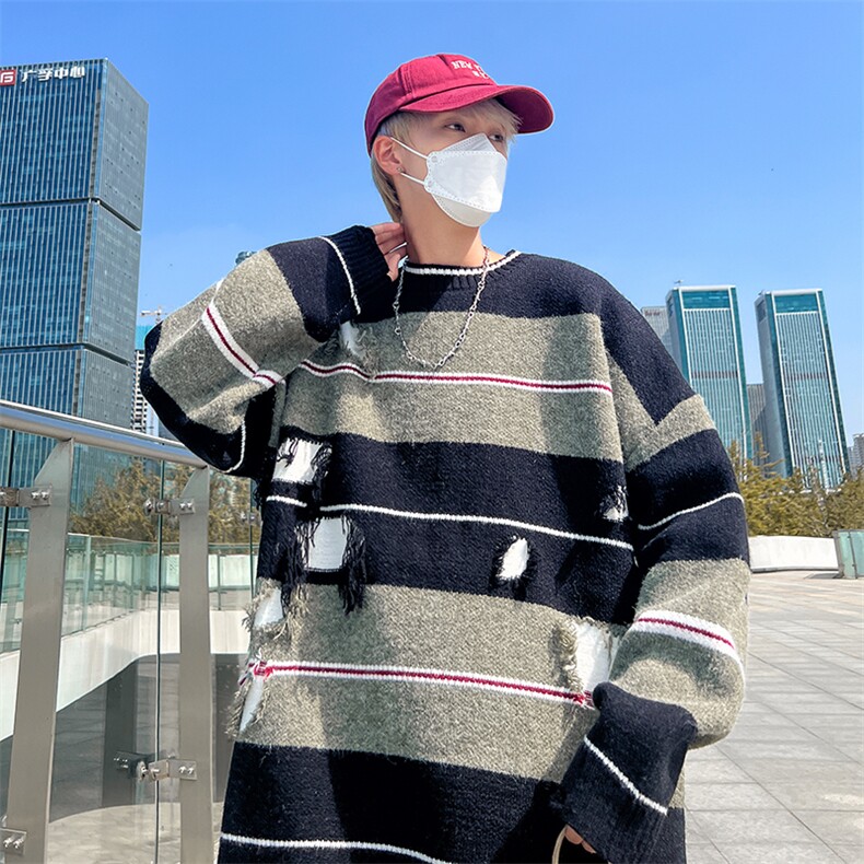 港风秋款男圆领毛衣条纹拼色针织衫破洞补丁休闲打底外套M156P40,男装针织衫/毛衣,星座1013-1
