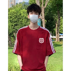 抖音得物高品质二开240克宽松纯棉美式潮牌三条杠织带短袖T恤，男装T恤，电商A486-1