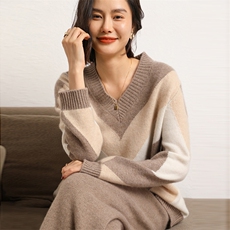 黑白撞色V领宽松羊绒毛衣女纯山羊绒衫冬加厚，女装羊绒衫，五色羊羊绒