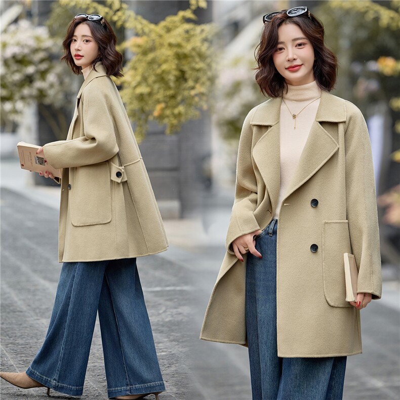 轻熟风时尚中长款毛呢大衣女2025秋冬新款宽松显瘦气质绵羊毛外套,女装双面呢大衣,欧米莱