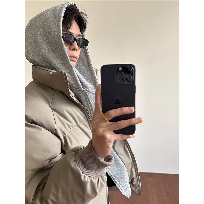 PU皮假两件连帽宽松棉衣男女保暖短款潮流冬季加厚棉服D513特P105,男装棉衣,电商A335-1（原A458）