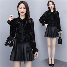 假两件春季灯笼袖甜美开衫长袖日系雕花绒小衫纯色上衣，女装蕾丝衫/雪纺衫，微微衣阁