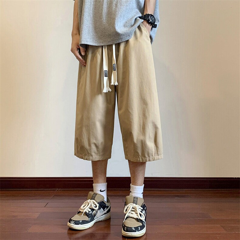 wassuphappy卡其色短裤男夏季薄款潮流宽松运动七分裤休闲中裤子,男装牛仔裤,星座218-1（原230）