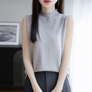天丝亚麻半高领针织背心女宽松显瘦薄款无袖打底衫简约通勤上衣潮图片