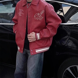 酒红色pu皮夹克外套潮牌欧美街头cleanfit美式复古飞行员棒球服男图片