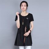 拼接通勤圆领文艺2021年夏季短袖中长款修身时尚T恤，女装T恤，丽影随形