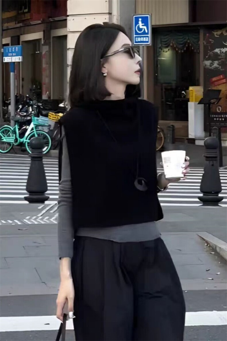 2025春季穿搭一整套女高级气质连帽针织马甲休闲百搭上衣两件套潮,针织衫/毛衣,锦瑟羊绒