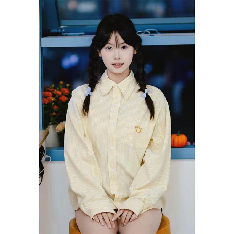 日系条纹长袖衬衫男女新款笑脸刺绣少年感休闲翻领bf衬衣C2213,男装衬衫,星座1116A（原606A-3）