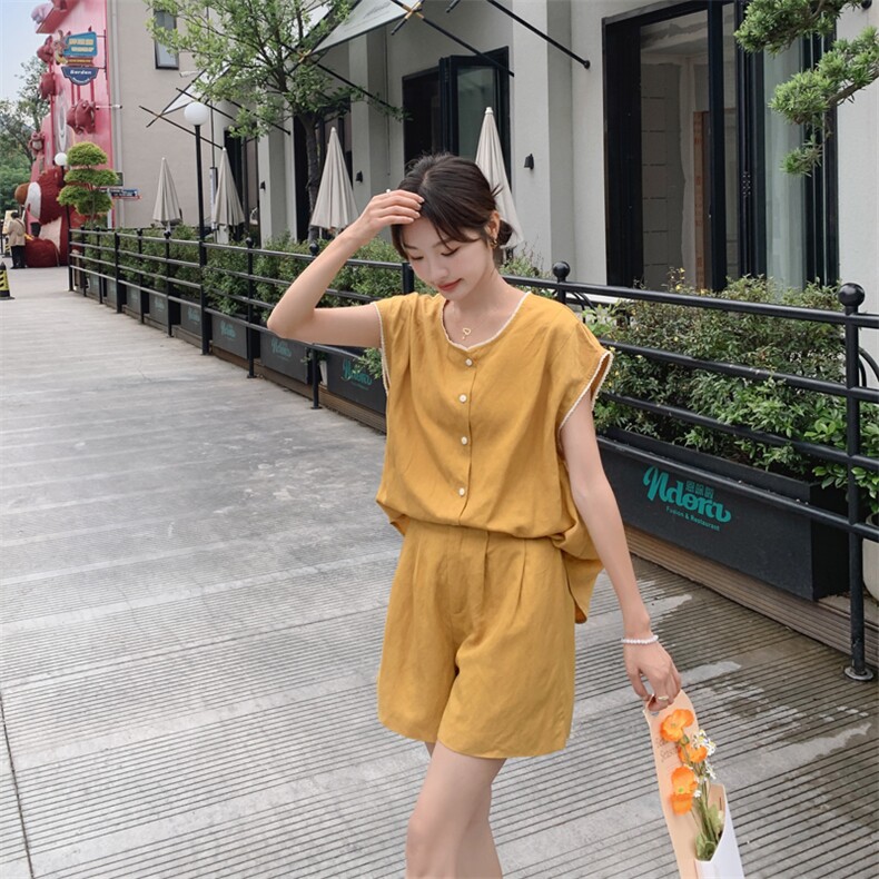 黄色高级感套装女2025夏季新款韩系复古超好看短袖衬衫短裤两件套,女装套装/套裙,浙宝128A