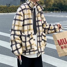 棉衣男港风宽松格子保暖加厚潮牌羊羔毛外套大衣B288-MJ400，男装毛呢大衣，电商B288
