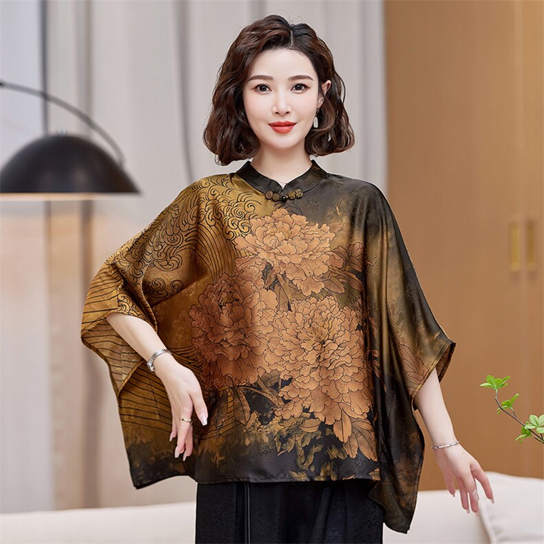 2024年新款桑蚕丝女装料重缎香云纱时尚洋气优雅新中式贵妇上衣,女装衬衫,缘衣格