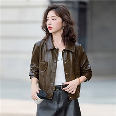 复古翻领皮衣外套女短款2025秋季新款高级感气质百搭pu皮夹克上衣，女装皮衣，臻衣坊