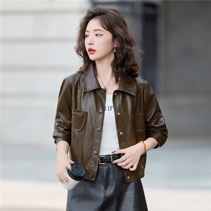 复古翻领皮衣外套女短款2025秋季新款高级感气质百搭pu皮夹克上衣图片