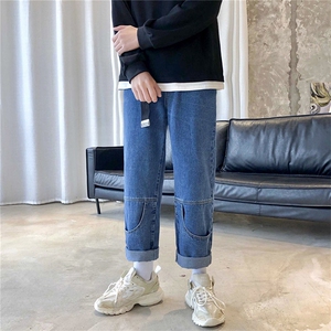 港风春款男牛仔裤工装大口袋宽松直筒九分裤N图片