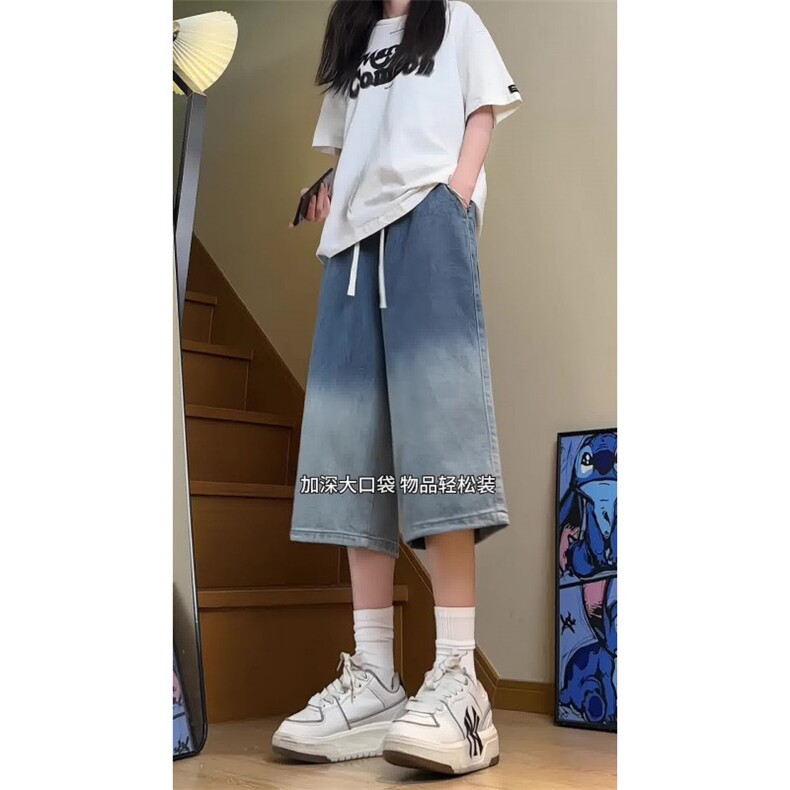 渐变牛仔七分裤男潮牌高街夏季阔腿休闲短裤A166-DK84-特P35控59,男装牛仔裤,电商A166