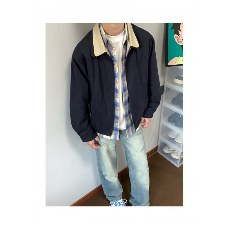 春秋季复古简约撞色工装夹克男设计感百搭休闲翻领外套,男装夹克,星座506A