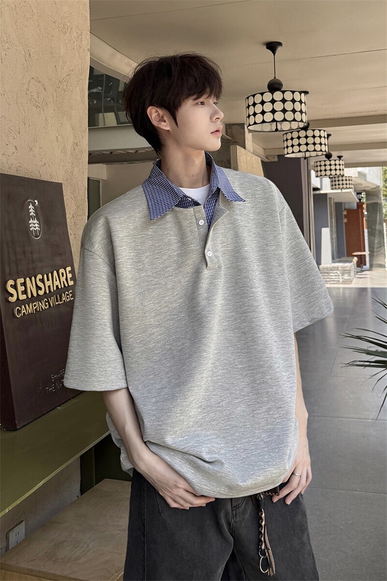 8XL-M格纹拼接假两件短袖t恤大码美式重磅polo翻领半袖DX1218/P48,男装T恤,电商B238