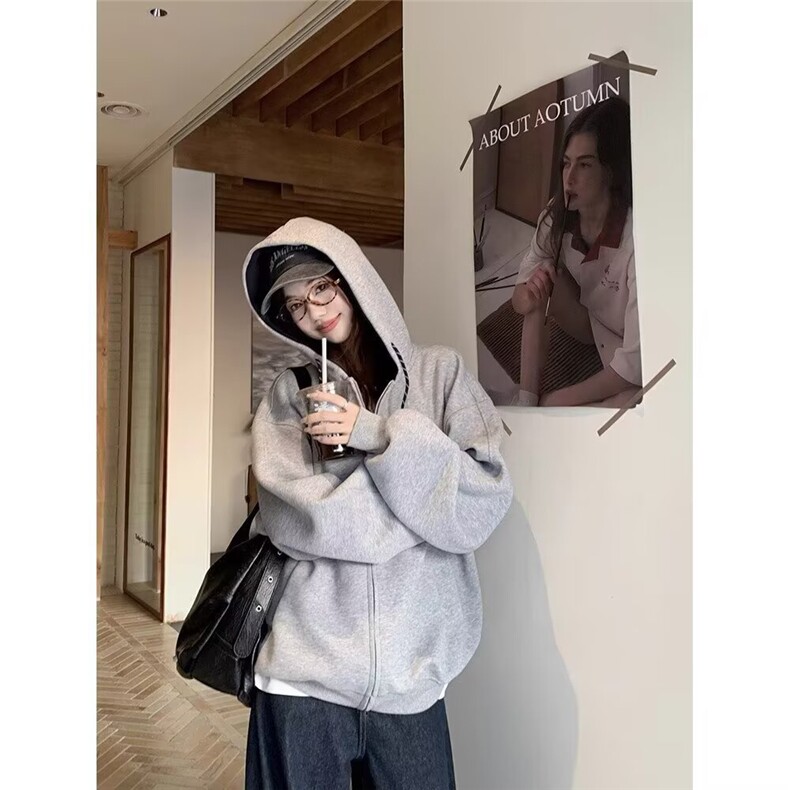 QC1009-P54连帽开衫卫衣夹克男女春秋季美式复古简约廓形休闲,男装夹克,电商B323A