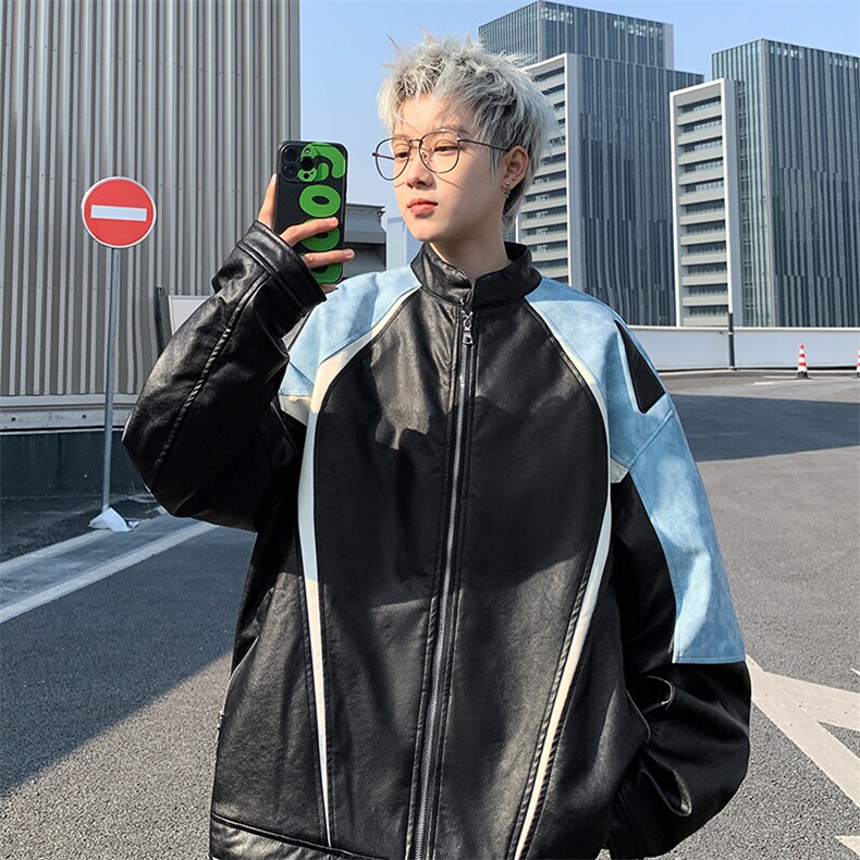 JK8803-P80美式春秋潮牌拼色重工皮衣夹克,男装夹克,星座1503