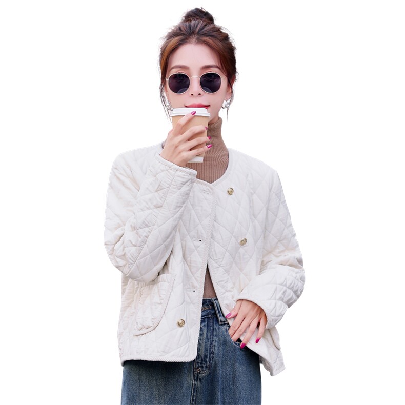 现货-韩系双排扣圆领小香风棉服外套2024冬季新款宽松百搭气质,女装棉衣/棉服,霓裳依族
