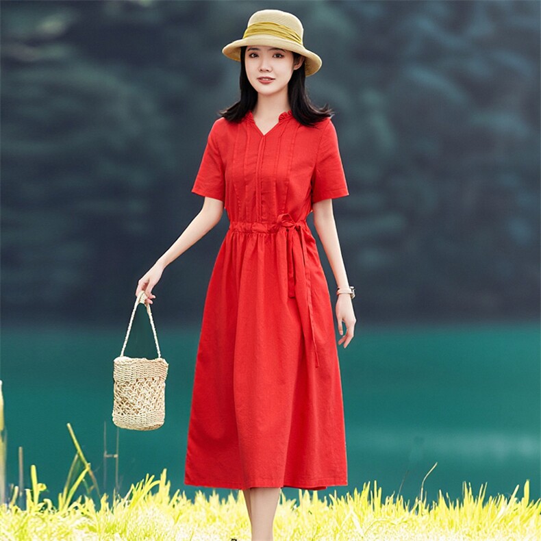 2026年夏季大摆型短袖亚麻棉休闲校园聚会约会逛街女士户外,女装连衣裙,江南依恋