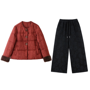 现货2025年新款羽绒服女复古新中式提花套装女加厚加绒休闲阔腿裤图片