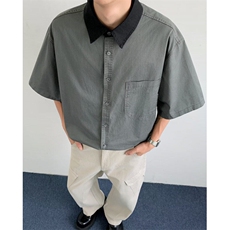 ER0500-P35潮牌2025美式撞色翻领短袖衬衫男cleanfit复古宽松衬衣，男装T恤，电商C233
