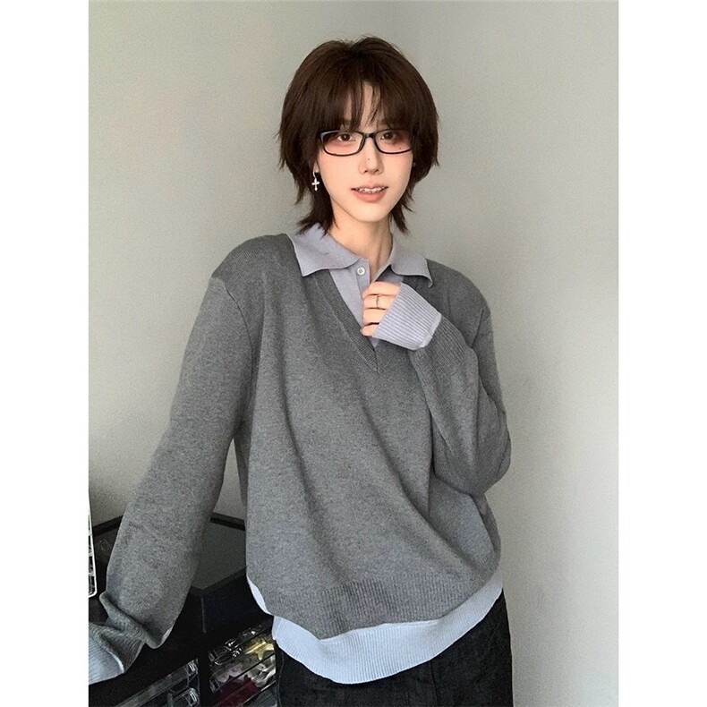 针织衫男款上衣长袖polo衫男高级感拼接假两件毛衣男MZ815-P59,男装Polo衫,星座412-1