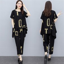 现货2026夏季新款时尚优雅气质纯色印花圆领舒适两件套大码套装，女装套装/套裙，尚洛菲