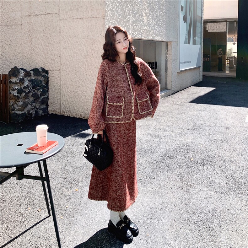 高级感红色毛呢小香风套装裙女2025秋冬气质羊毛外套半身裙两件套,女装套装/套裙,2C332
