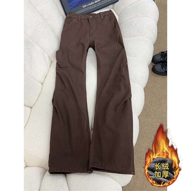 B221 美式ins高街斜切宽松加绒洗褪工装牛仔裤LK25602-特P60控108图片