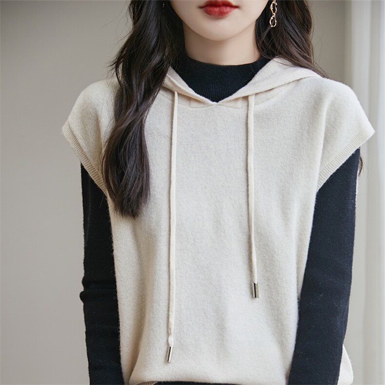 2024夏季新款连帽马甲背心女宽松无袖毛衣休闲外穿百搭针织衫坎肩，女装马甲，宏杨羊绒
