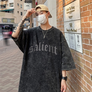 B239-1130-P38 欧美式 天使雕像印花 复古水洗做旧落肩袖 短袖T恤图片